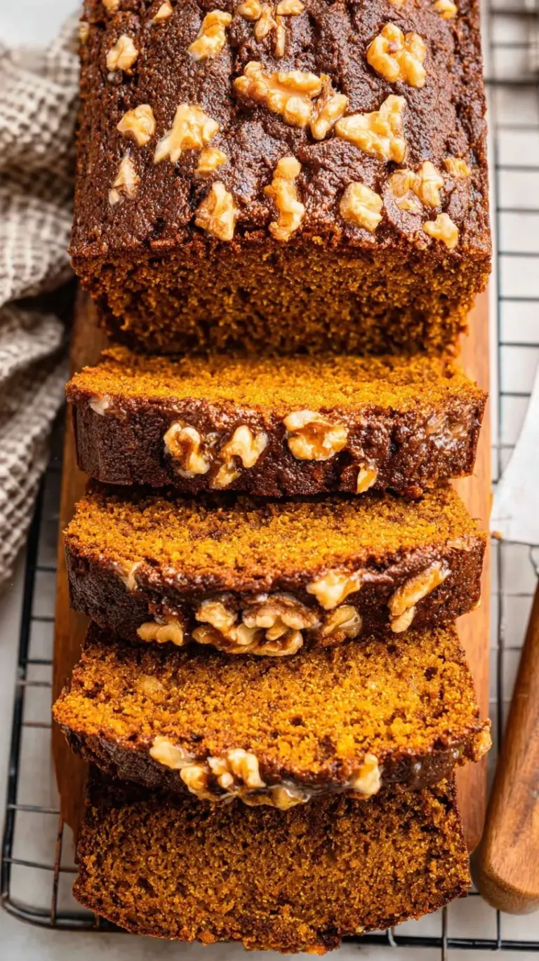 A golden loaf of pumpkin banana bread sliced on a wire rack with autumn decorations