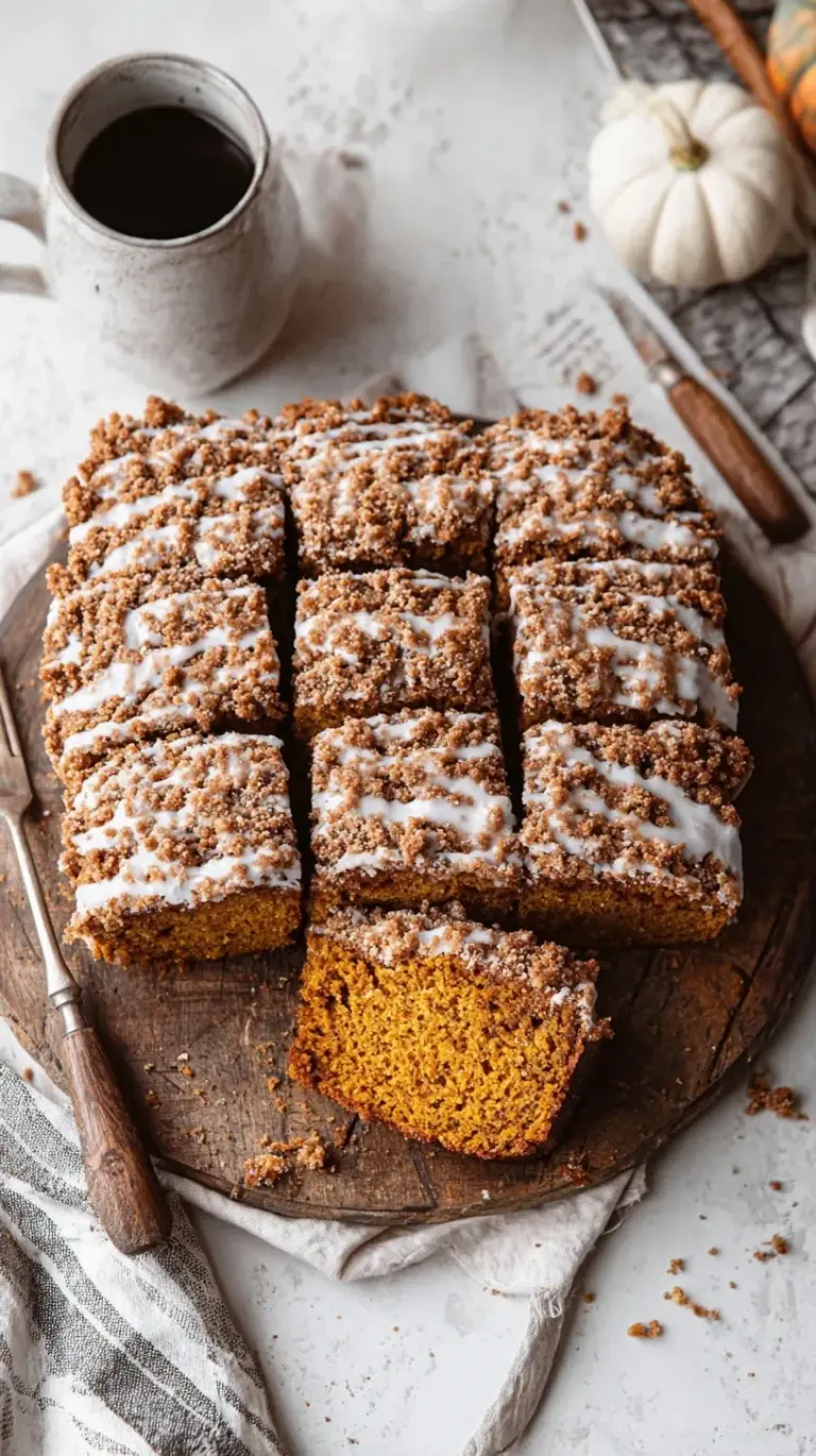 A slice of pumpkin coffee cake with a thick cinnamon streusel topping on a white plate.