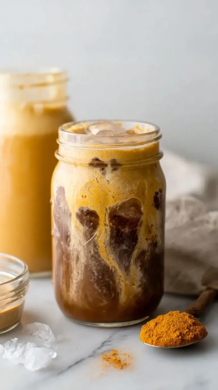A tall glass of cold brew coffee topped with thick orange pumpkin cream foam and a sprinkle of spice.