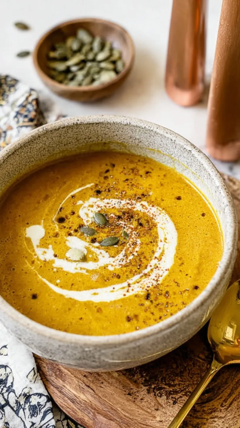 A steaming bowl of creamy orange pumpkin curry soup garnished with fresh cilantro and lime.