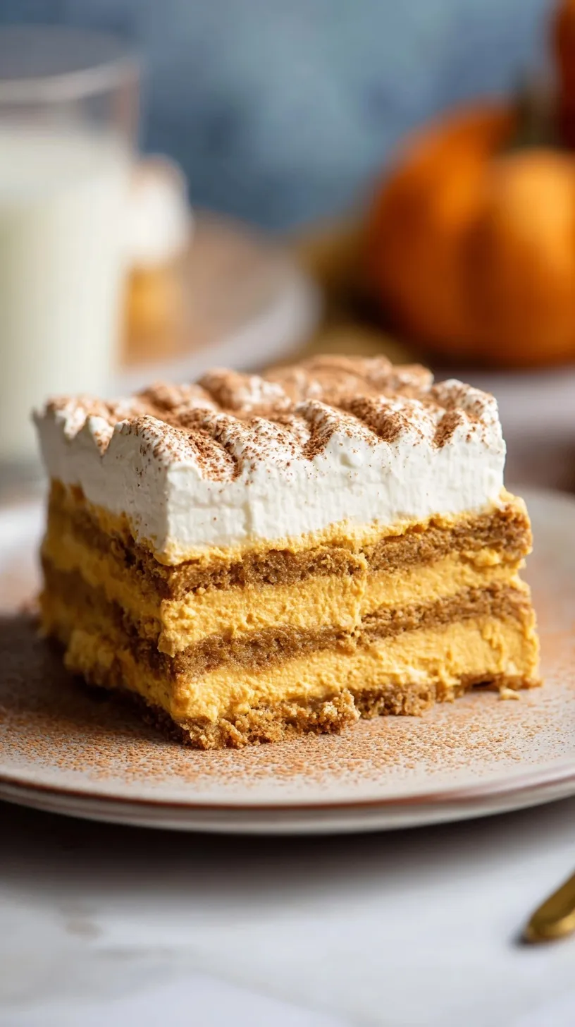 A layered pumpkin icebox cake topped with caramel drizzle and chopped pecans in a glass baking dish.