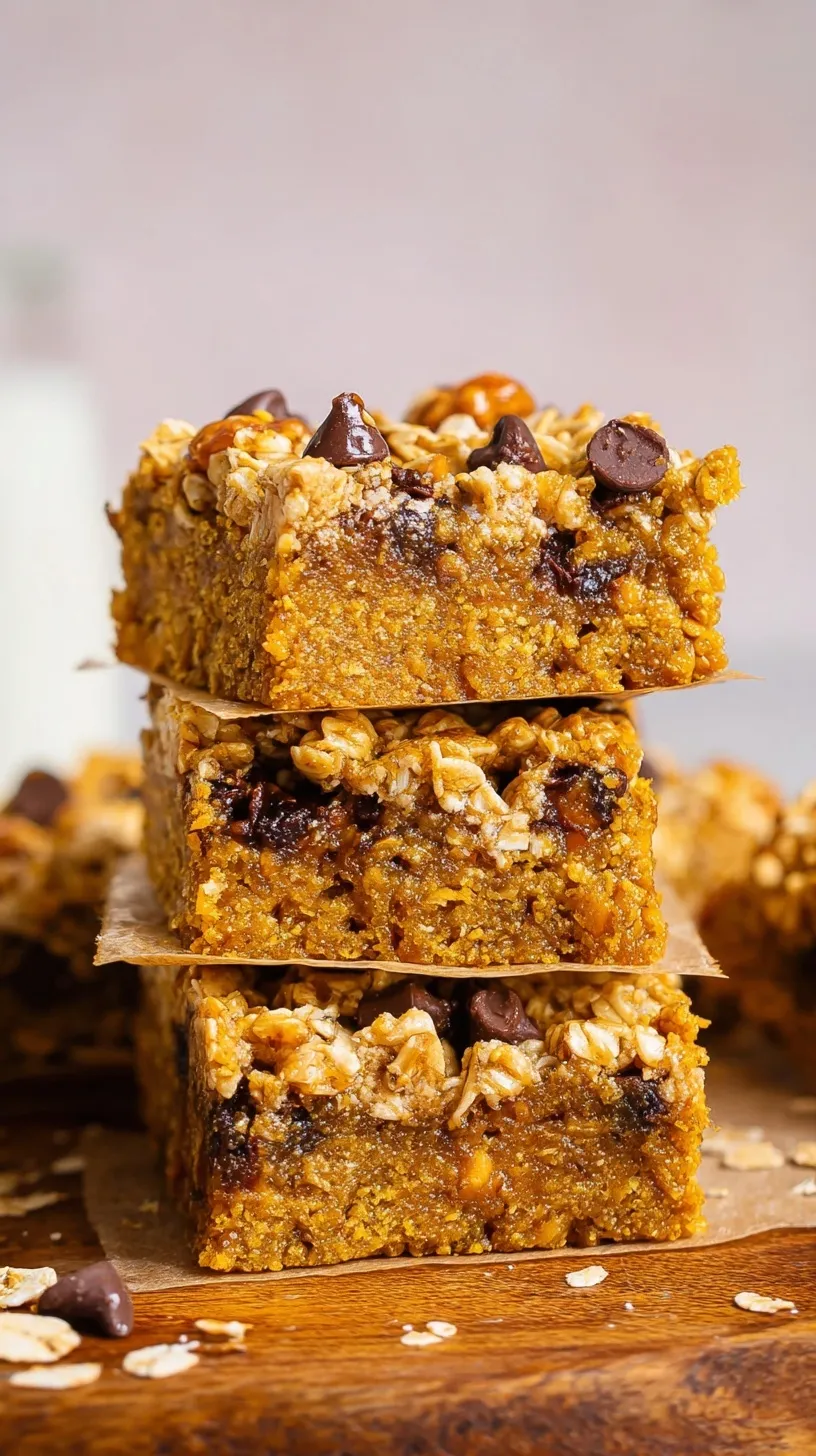 A stack of chewy pumpkin oatmeal bars with chocolate chips on a wooden board