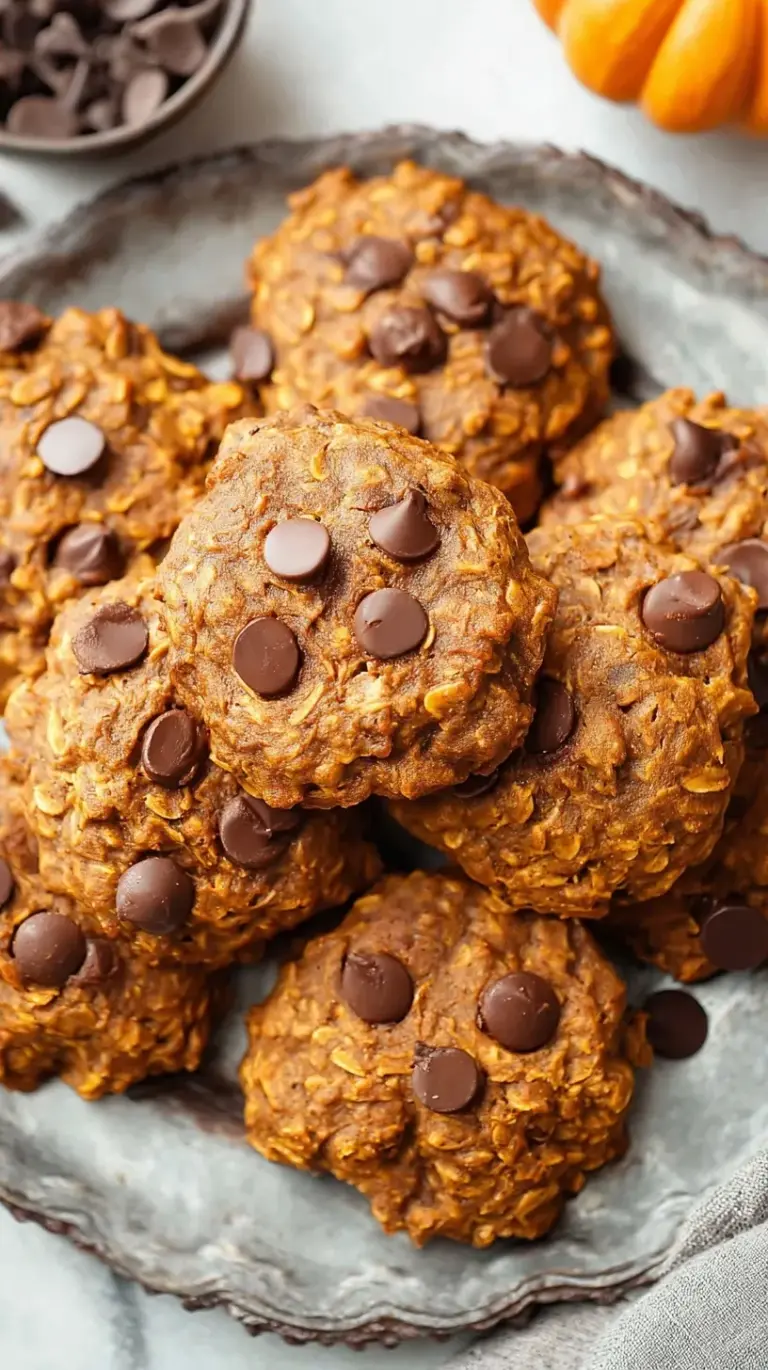 A stack of soft pumpkin oatmeal cookies with visible chocolate chips on a cooling rack