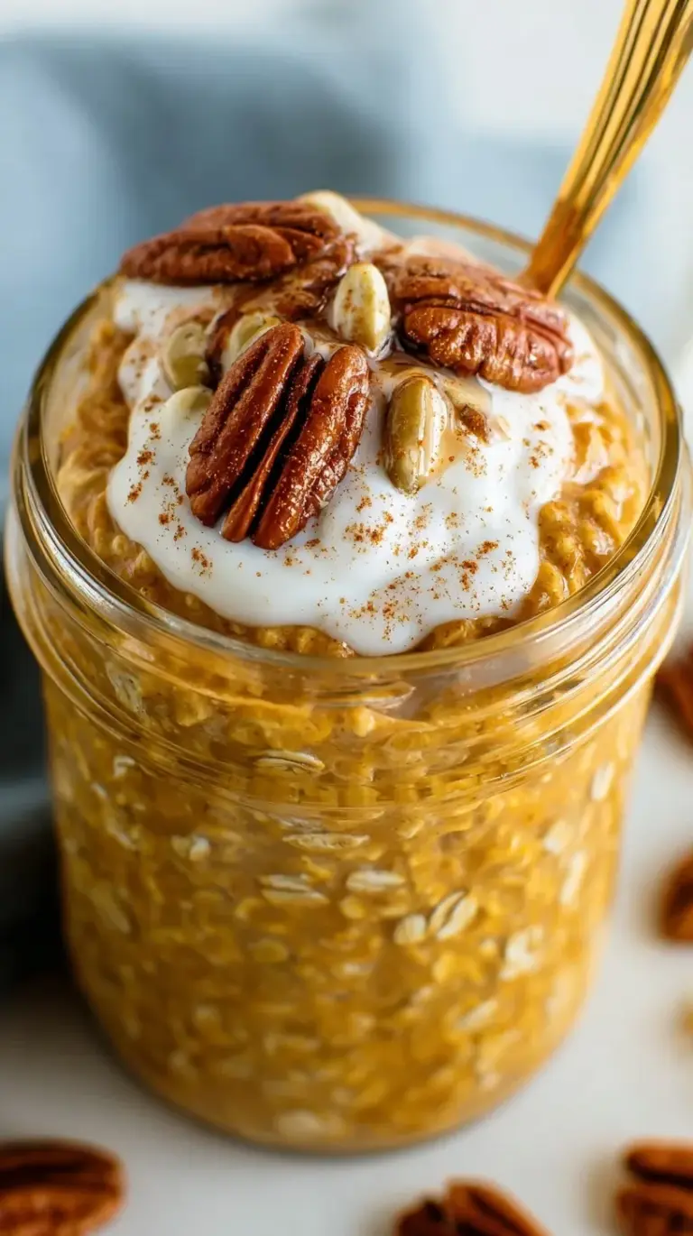 A glass jar filled with creamy pumpkin pie overnight oats topped with cinnamon and pecans