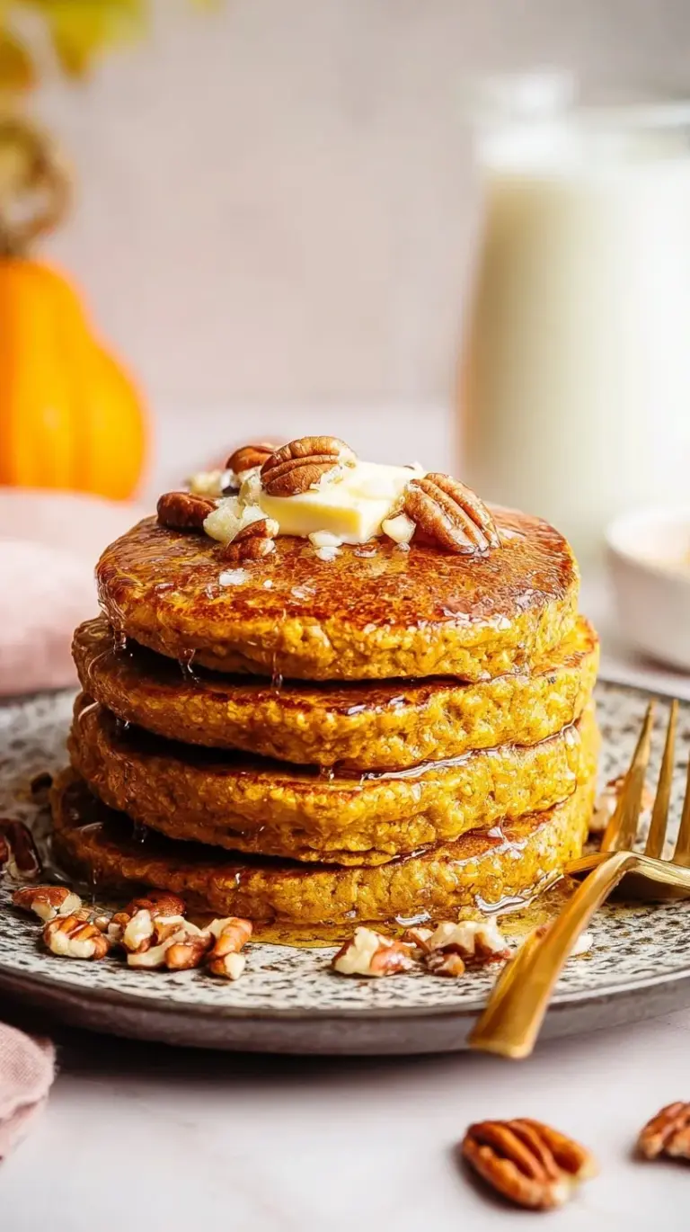A stack of golden pumpkin protein pancakes topped with Greek yogurt and spices.
