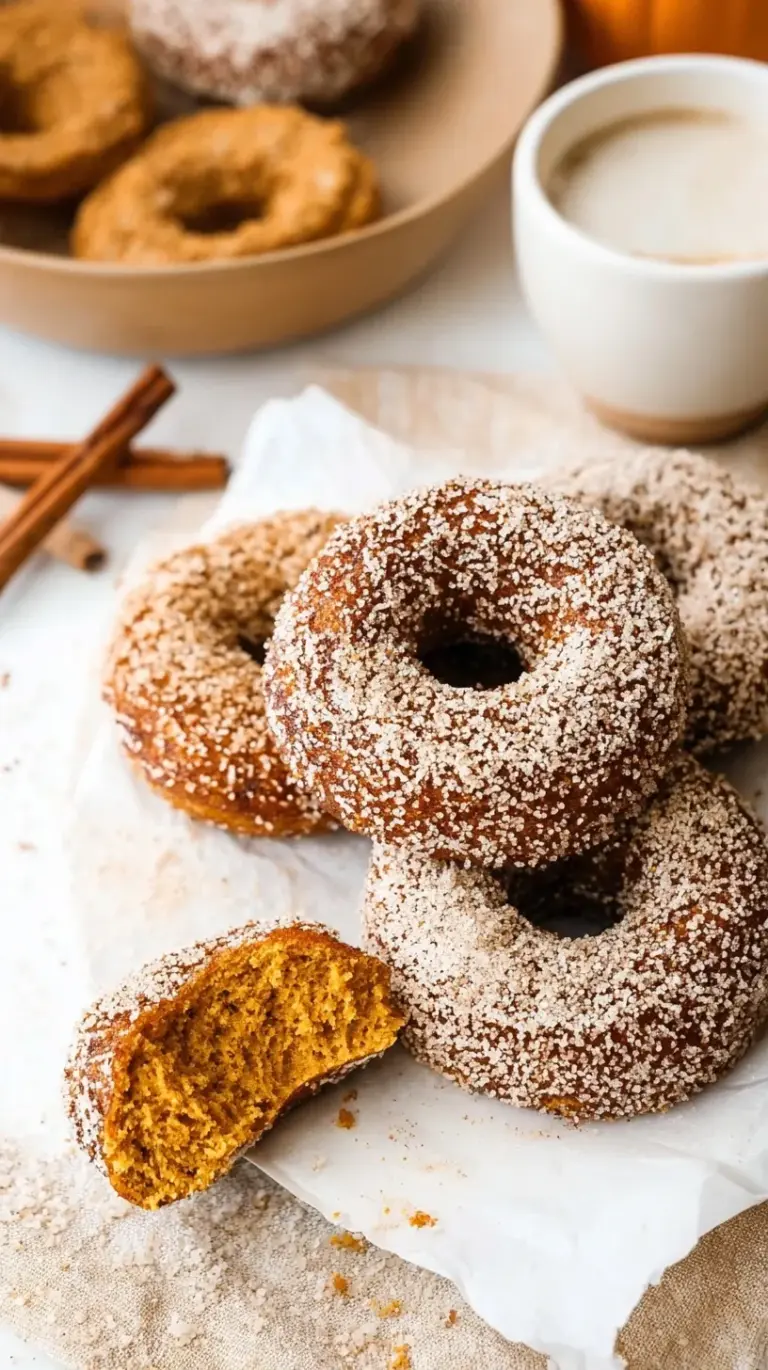 A stack of golden brown baked pumpkin spice donuts coated in cinnamon sugar on a wire rack.