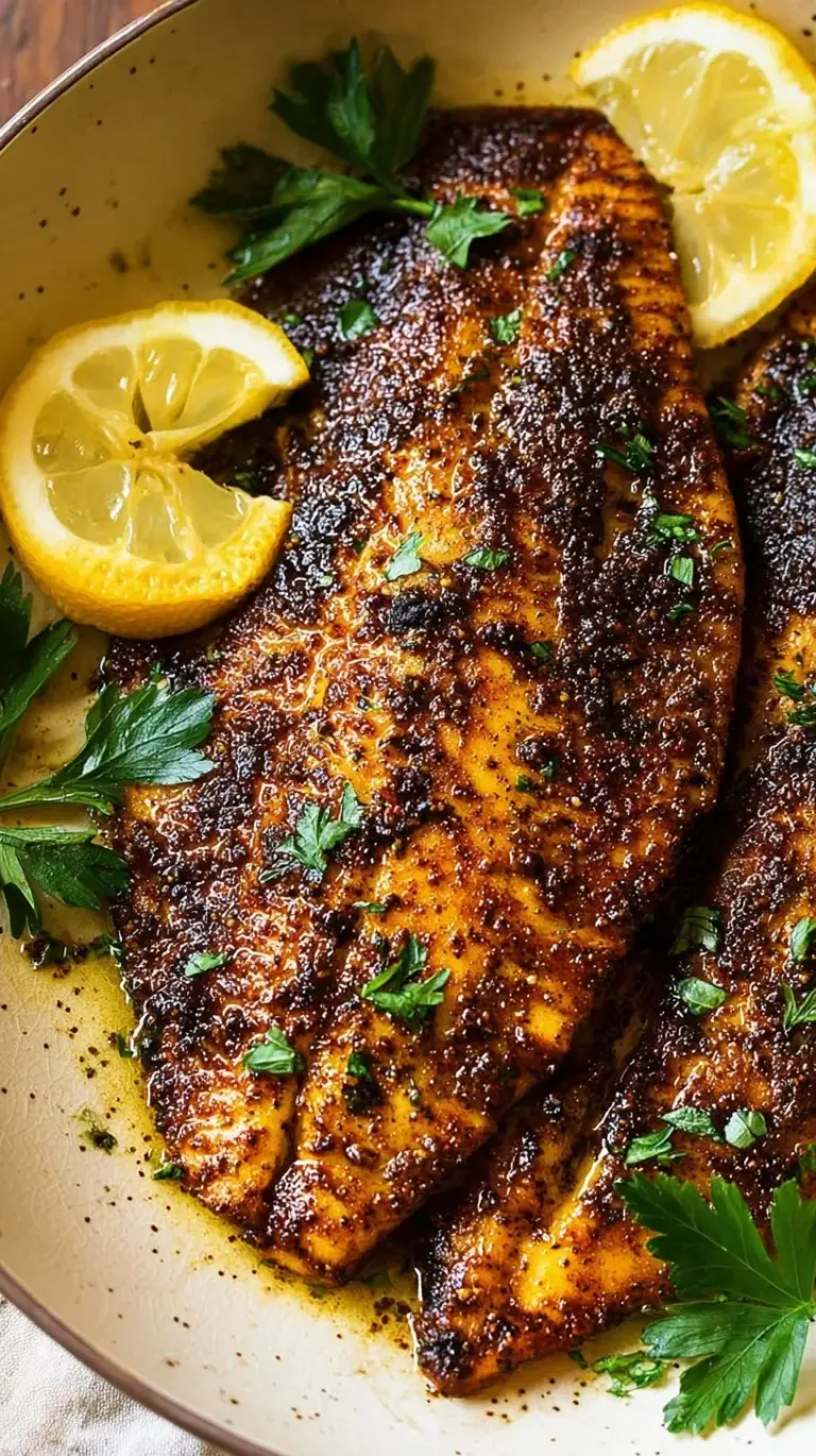 Pan-seared blackened tilapia fillets with a dark spice crust and fresh lemon wedges in a cast iron skillet.