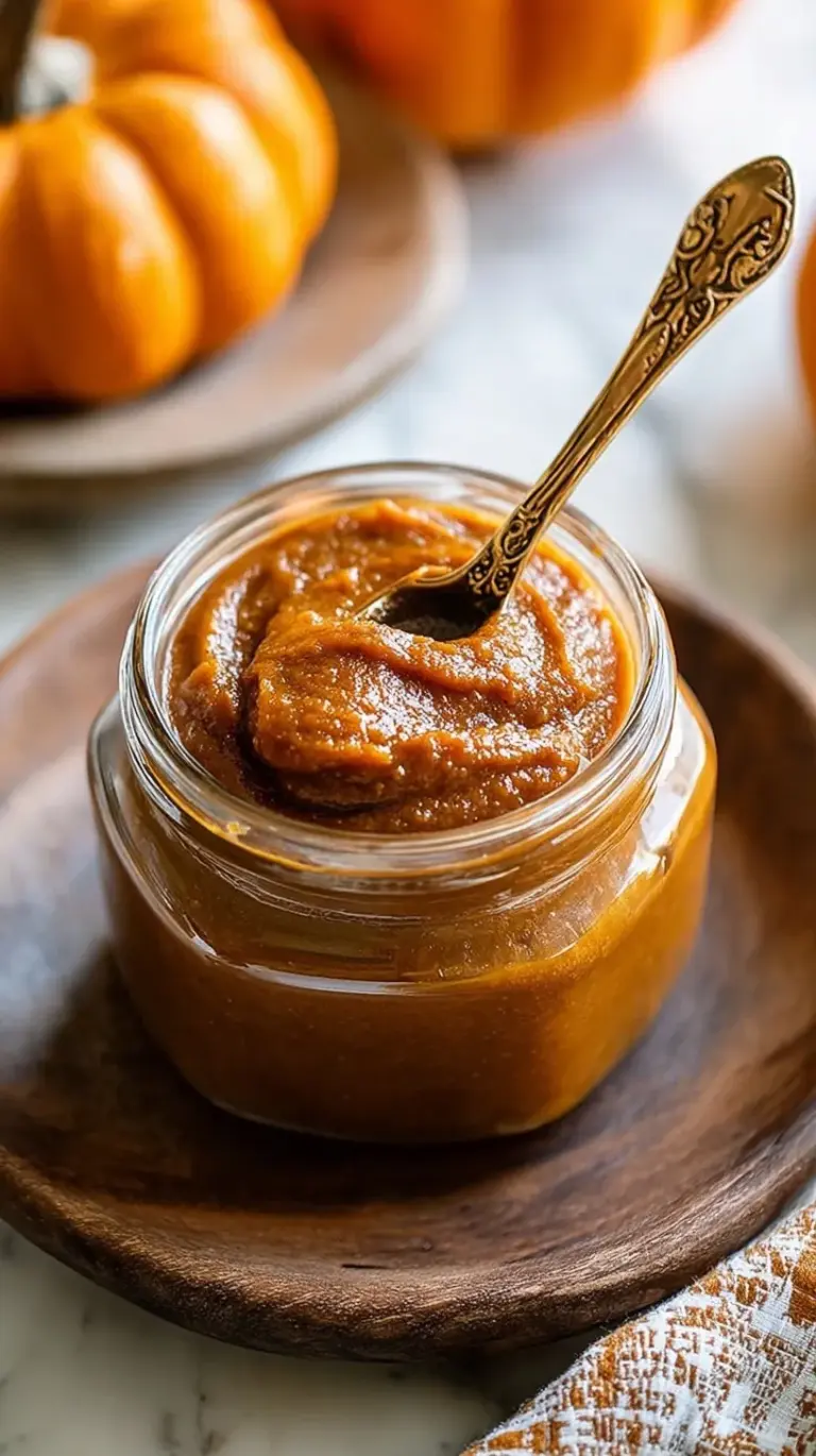 A jar of glossy, spiced pumpkin butter next to a cinnamon stick and autumn leaves.
