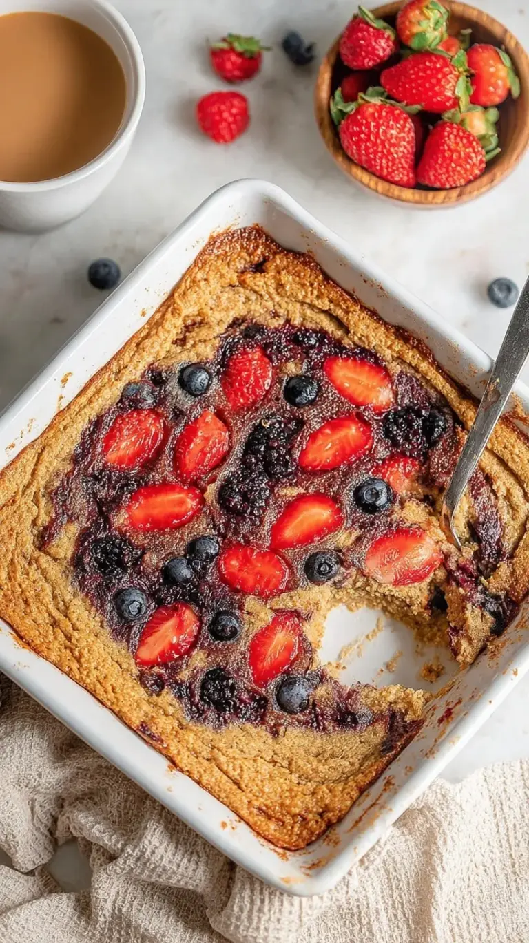 A golden brown Quinoa Breakfast Bake in a square dish topped with blueberries and walnuts