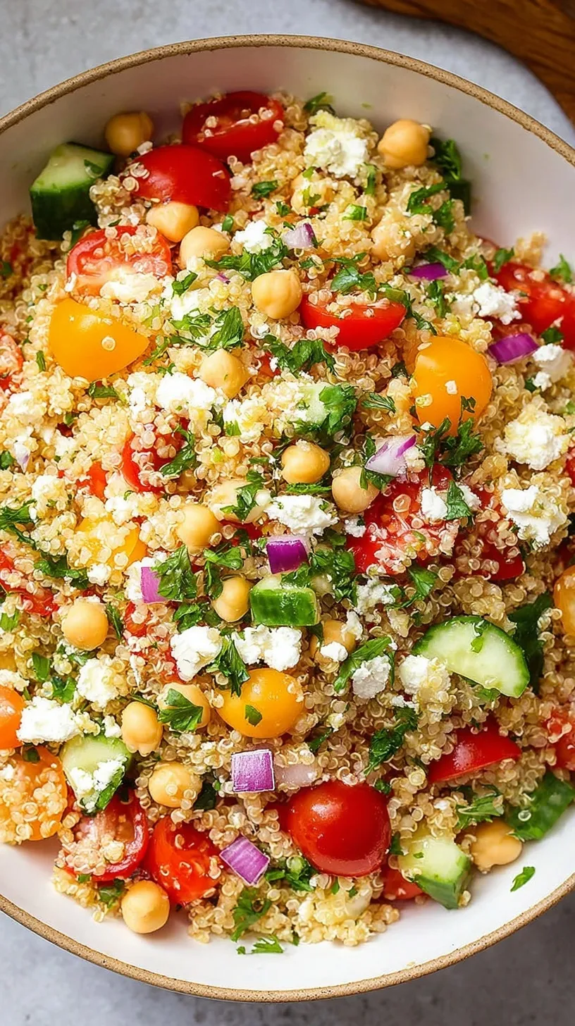 A colorful bowl of Quinoa Chickpea Salad with cucumbers, tomatoes, and fresh parsley