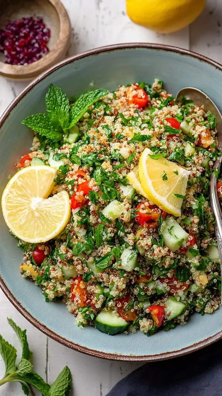 A bright bowl of quinoa tabbouleh with fresh parsley, mint, and diced tomatoes