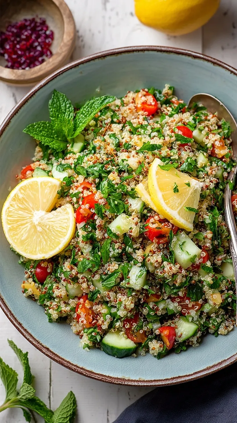 A bright bowl of quinoa tabbouleh with fresh parsley, mint, and diced tomatoes