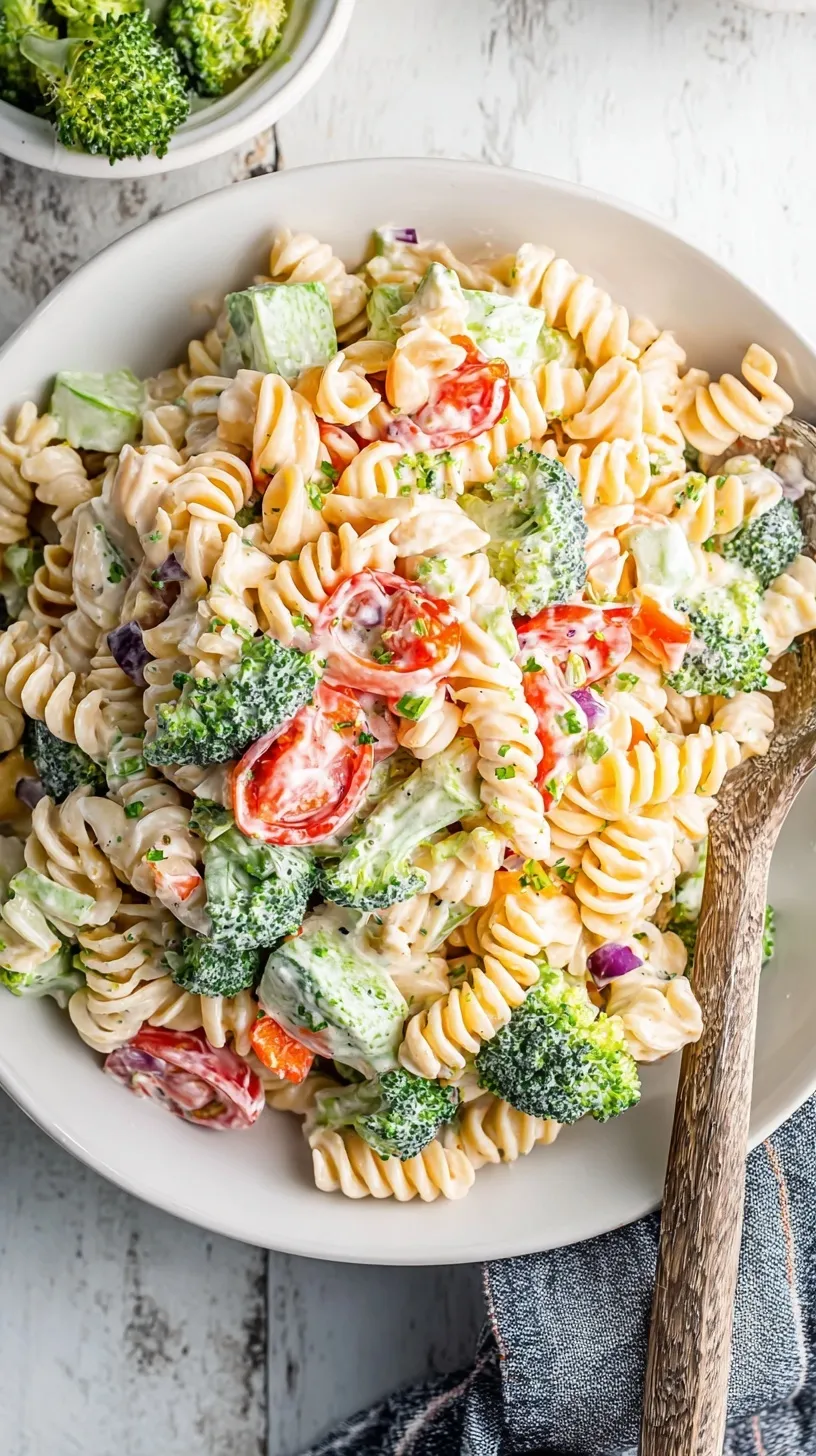 A colorful bowl of Classic Ranch Pasta Salad with rotini, tomatoes, peas, and cheddar cheese.