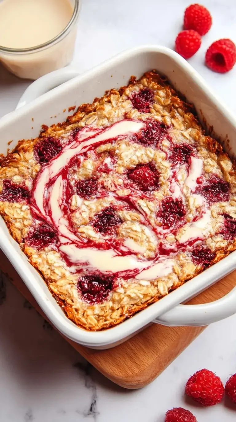 A golden brown raspberry cottage cheese baked oatmeal in a square dish topped with fresh berries.