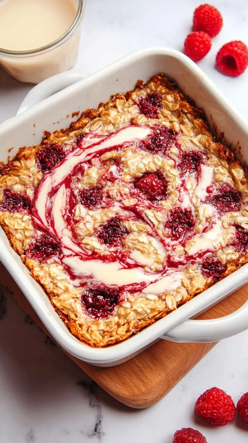 A golden brown raspberry cottage cheese baked oatmeal in a square dish topped with fresh berries.