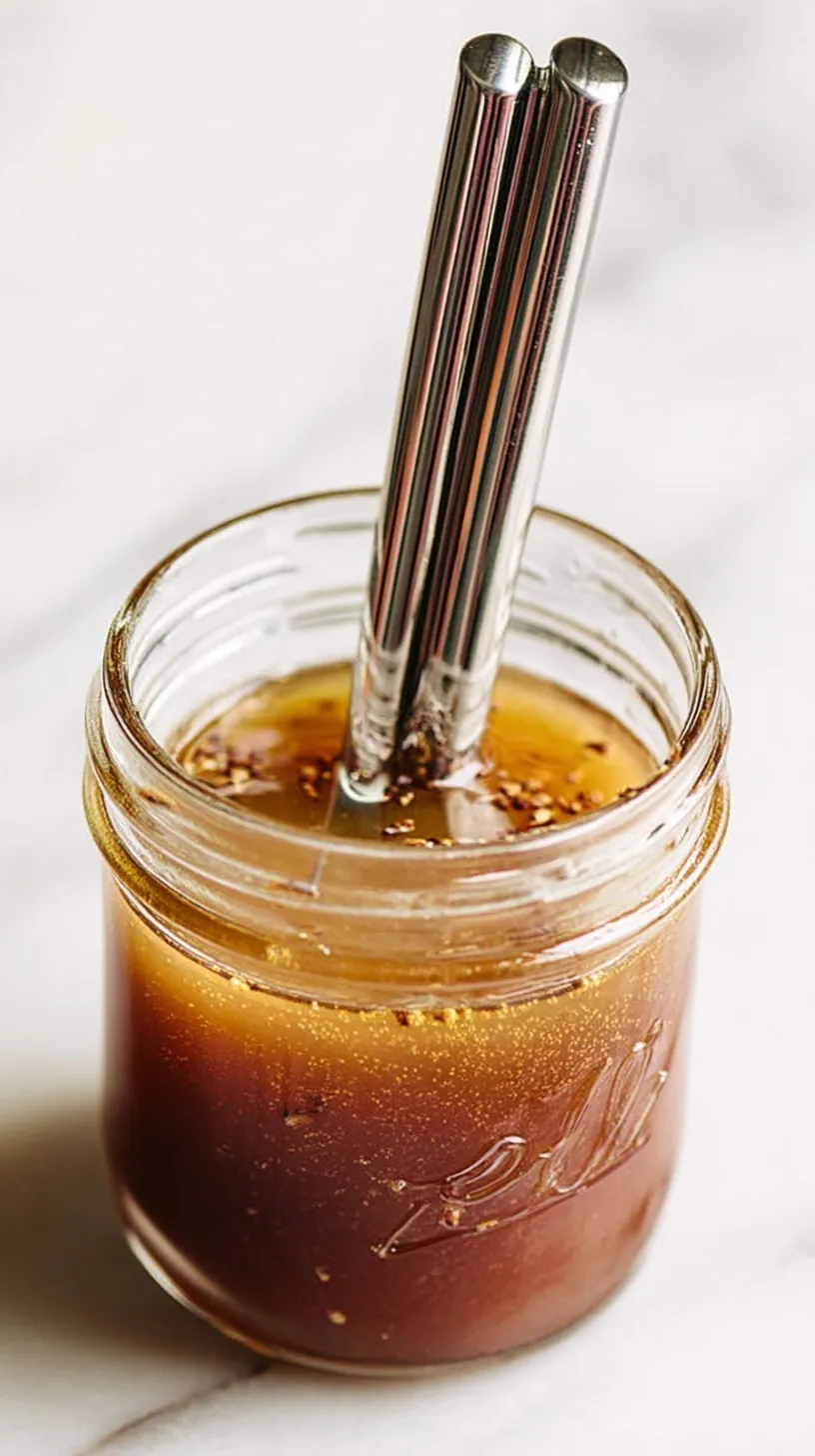 A glass jar filled with zesty red wine vinaigrette next to fresh herbs.