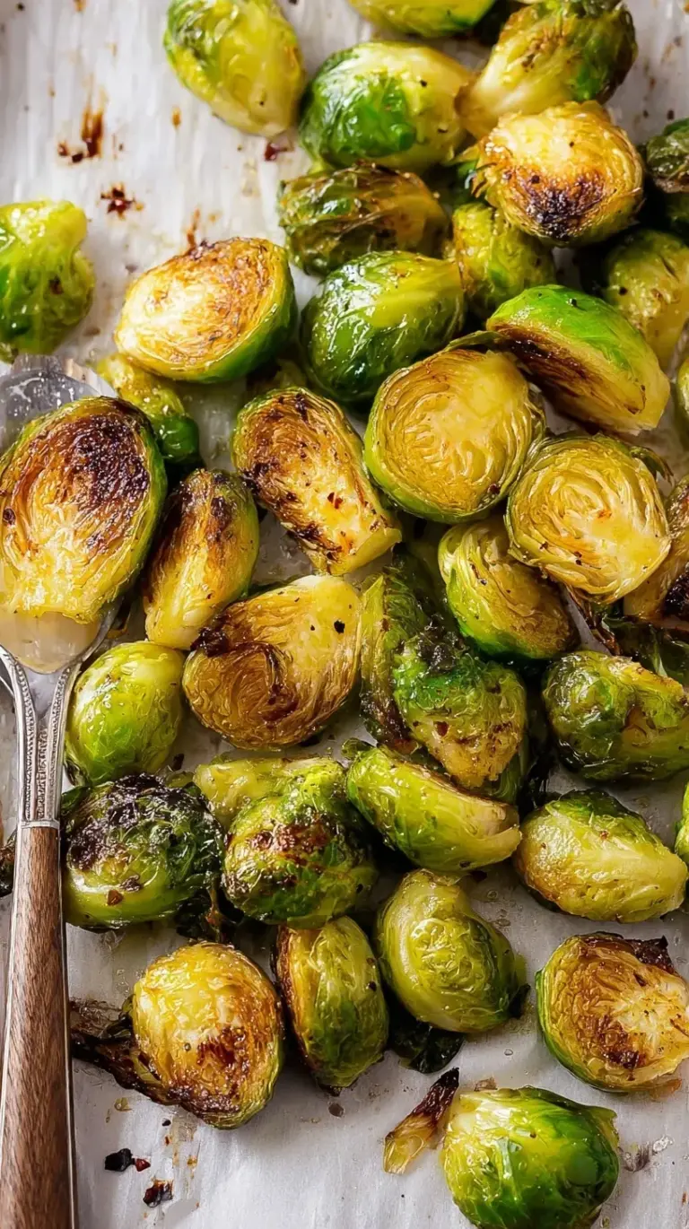 Golden brown roasted Brussels sprouts on a baking sheet with crispy edges and salt flakes.