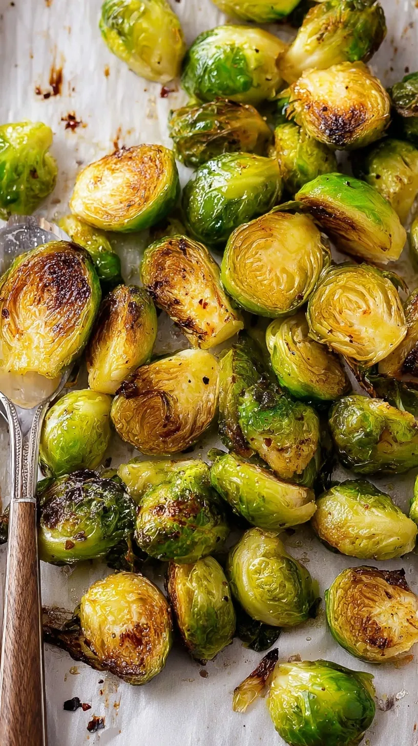 Golden brown roasted Brussels sprouts on a baking sheet with crispy edges and salt flakes.