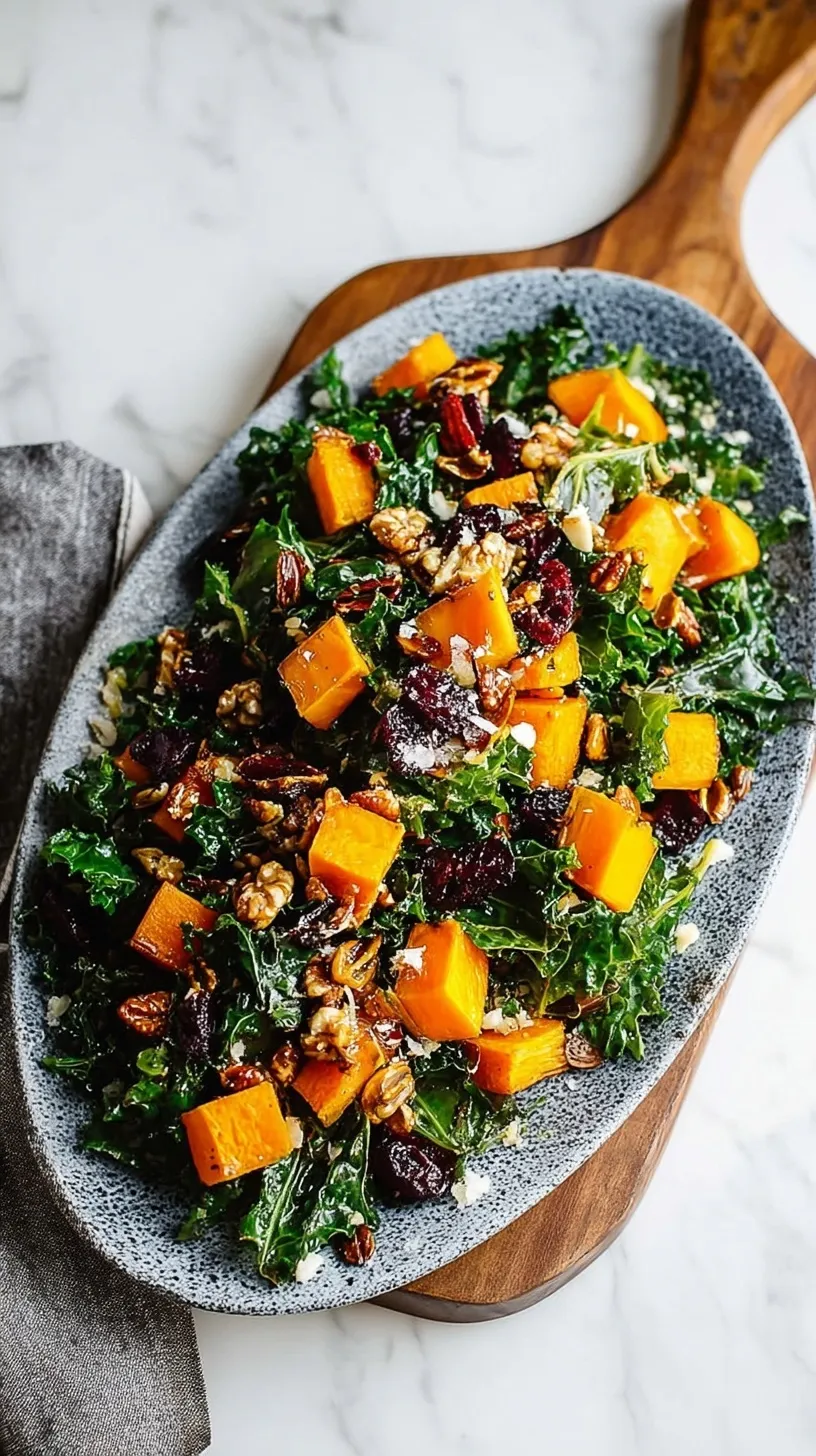 A colorful Roasted Butternut Squash Salad with kale, pecans, and goat cheese in a white bowl.
