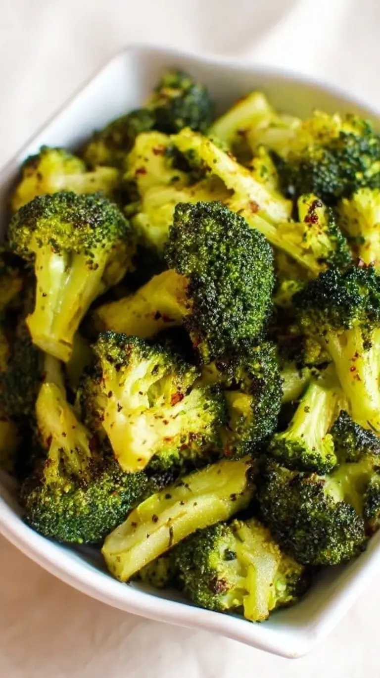 Golden charred roasted frozen broccoli florets on a baking sheet