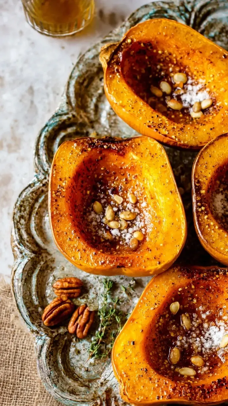 Two halves of roasted honeynut squash with golden caramelized edges and a maple glaze on a parchment-lined baking sheet.