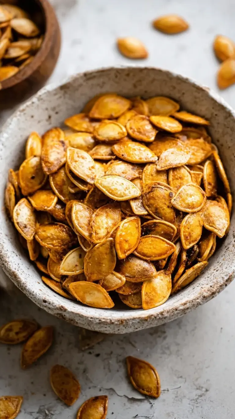 Golden brown roasted pumpkin seeds on a parchment-lined baking sheet