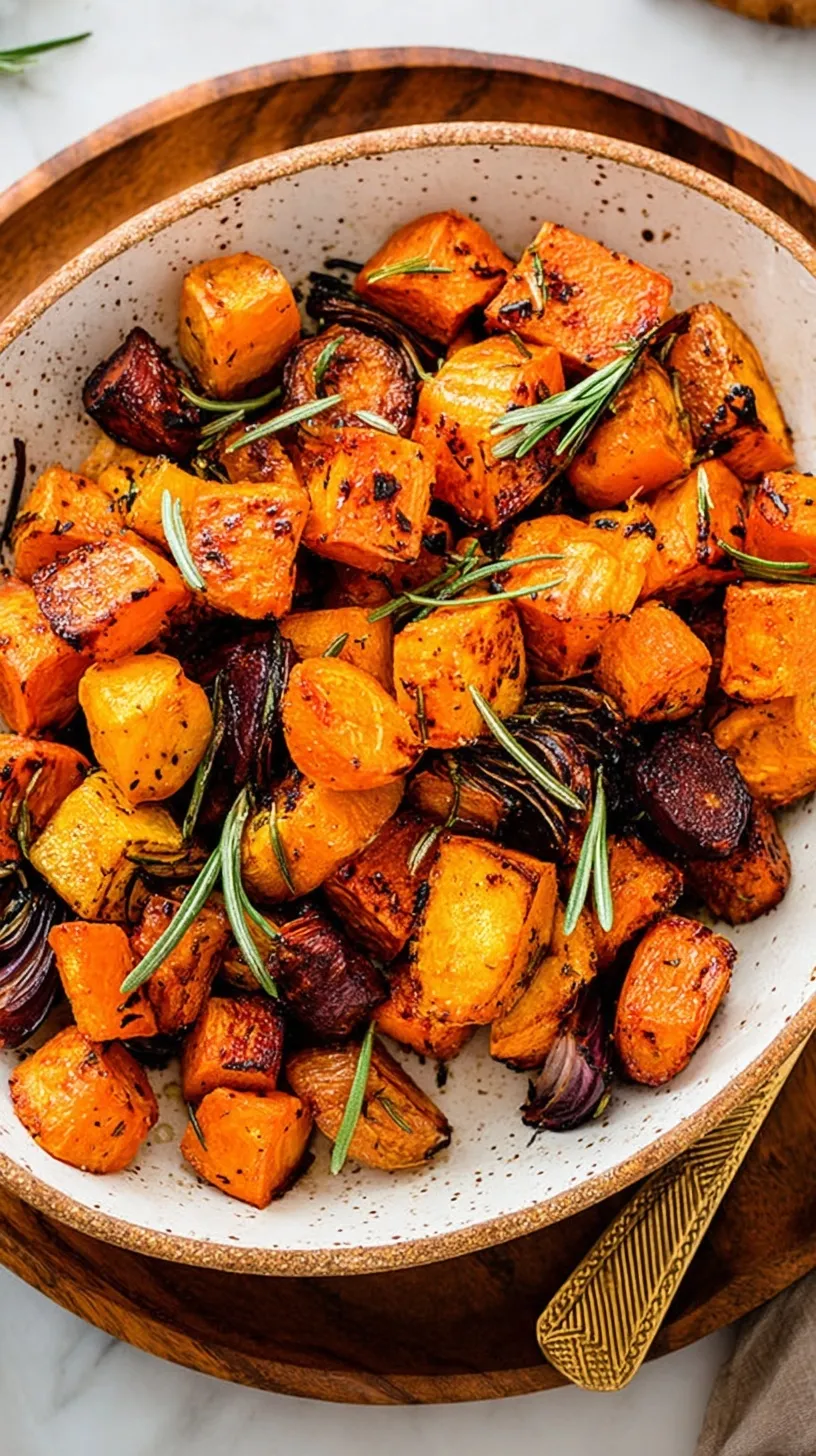 A colorful tray of roasted carrots, parsnips, and sweet potatoes with fresh herbs.