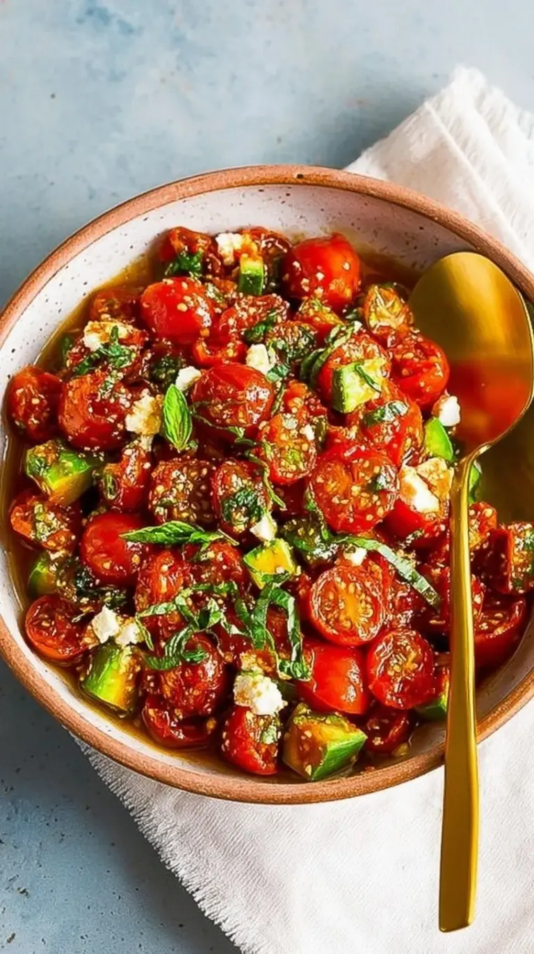 A colorful roasted tomato salad with blistered cherry tomatoes, fresh arugula, and crumbled feta cheese on a white plate.