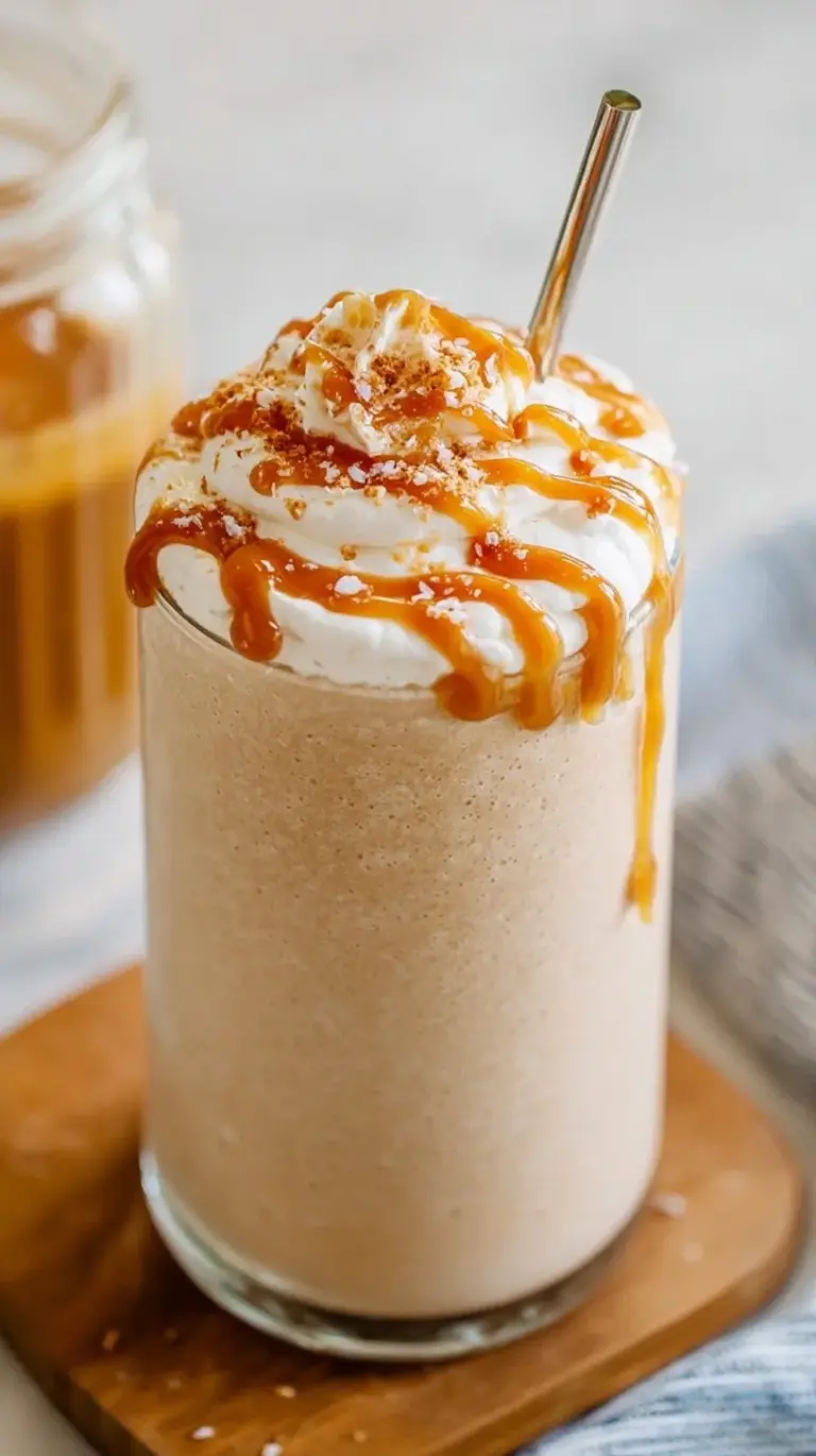 A creamy salted caramel protein shake in a chilled glass with a sprinkle of sea salt on top.