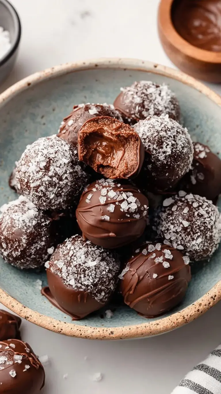 A close-up of Salted Chocolate Protein Balls with a dark chocolate shell and flaky sea salt on a white plate.