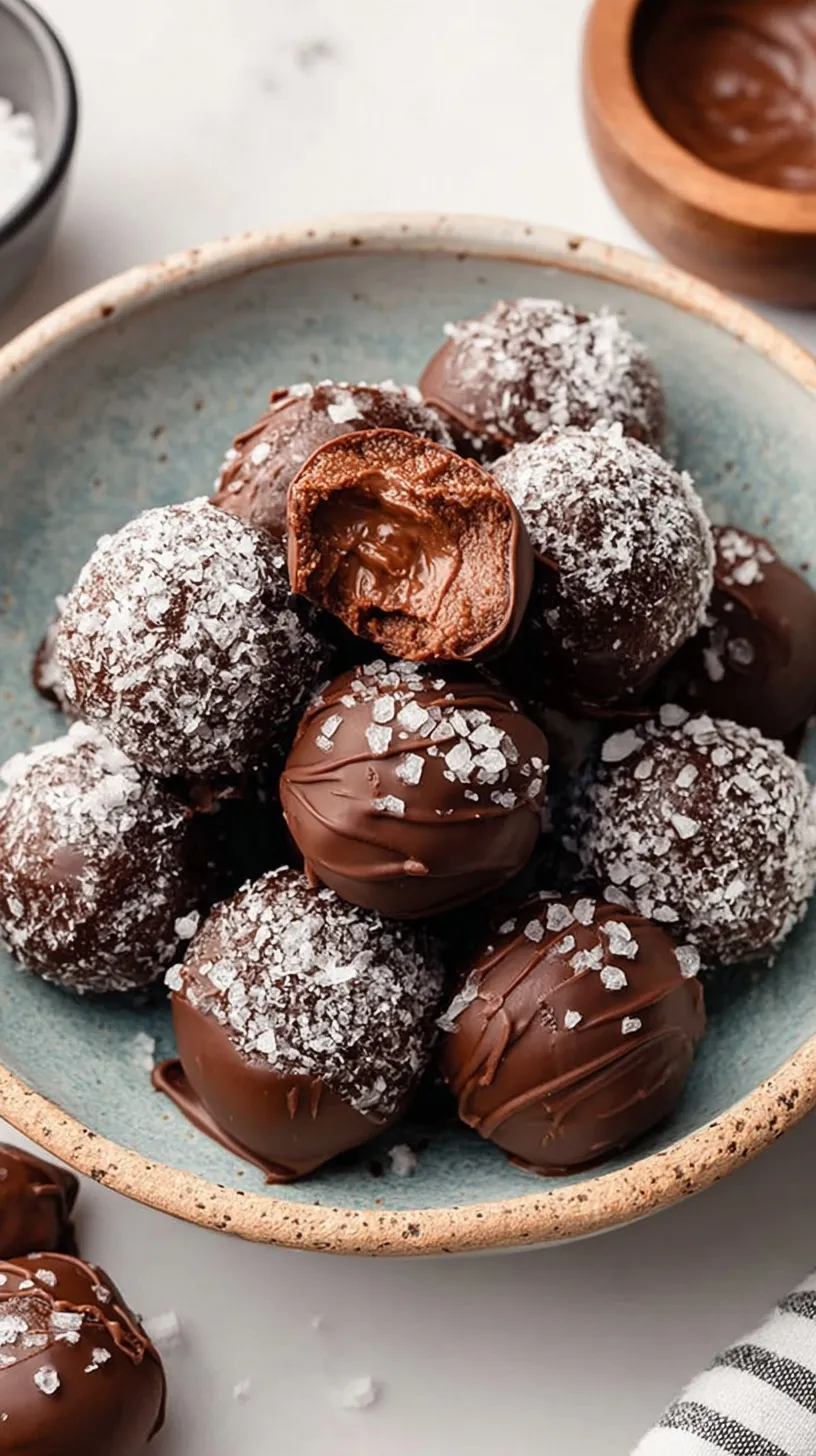 A close-up of Salted Chocolate Protein Balls with a dark chocolate shell and flaky sea salt on a white plate.