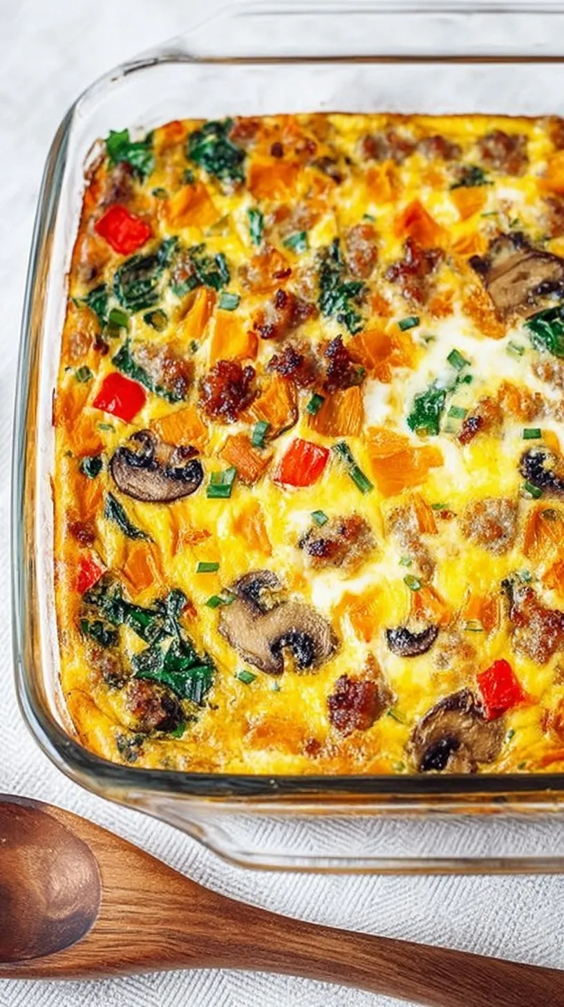 A golden brown sausage egg casserole with melted cheese and colorful bell peppers in a white baking dish.