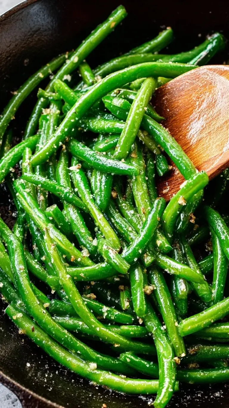 A skillet filled with vibrant green sautéed green beans tossed with minced garlic and melted butter.