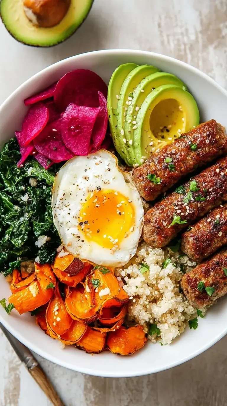 A colorful savory breakfast bowl with quinoa, sautéed kale, blistered tomatoes, avocado, and a poached egg.