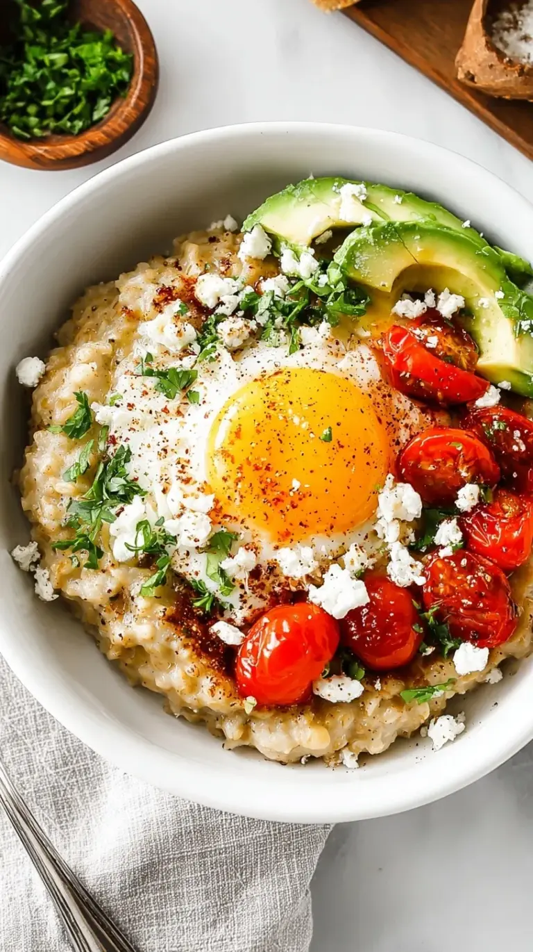 A bowl of creamy savory oatmeal topped with a runny poached egg, fresh chives, and grated Parmesan cheese.