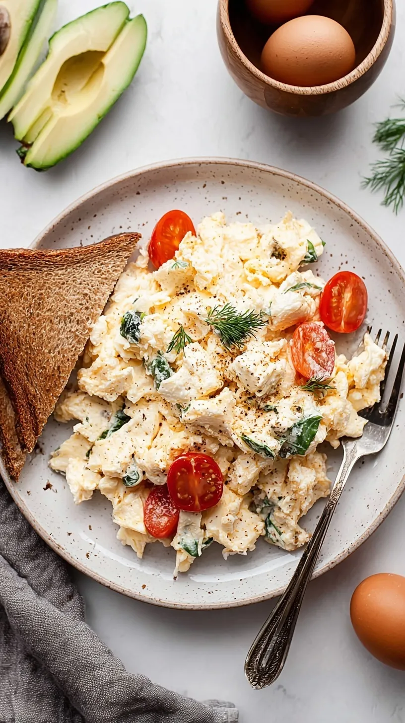 A plate of fluffy, soft-curd scrambled egg whites seasoned with black pepper and fresh herbs.