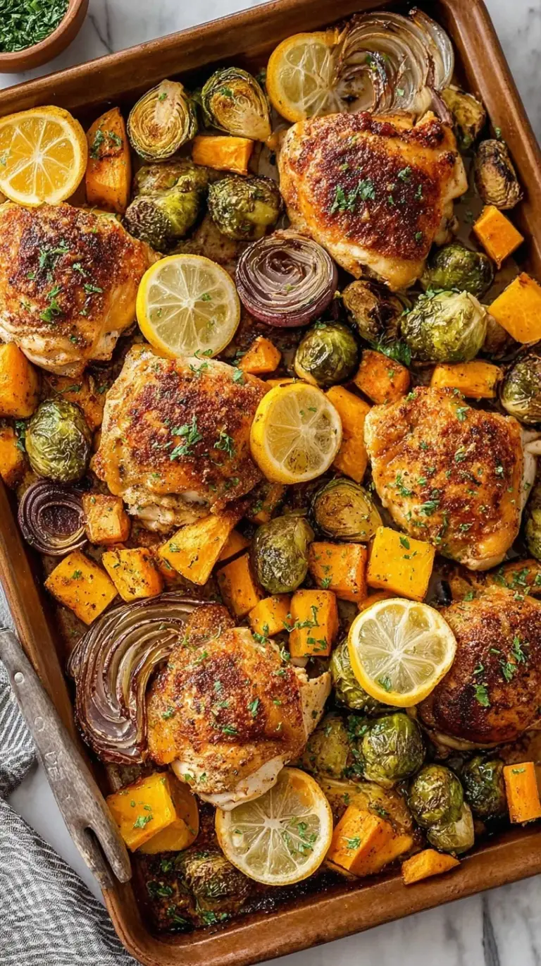 Colorful roasted chicken cubes with broccoli, red onion, and bell peppers on a parchment-lined sheet pan.