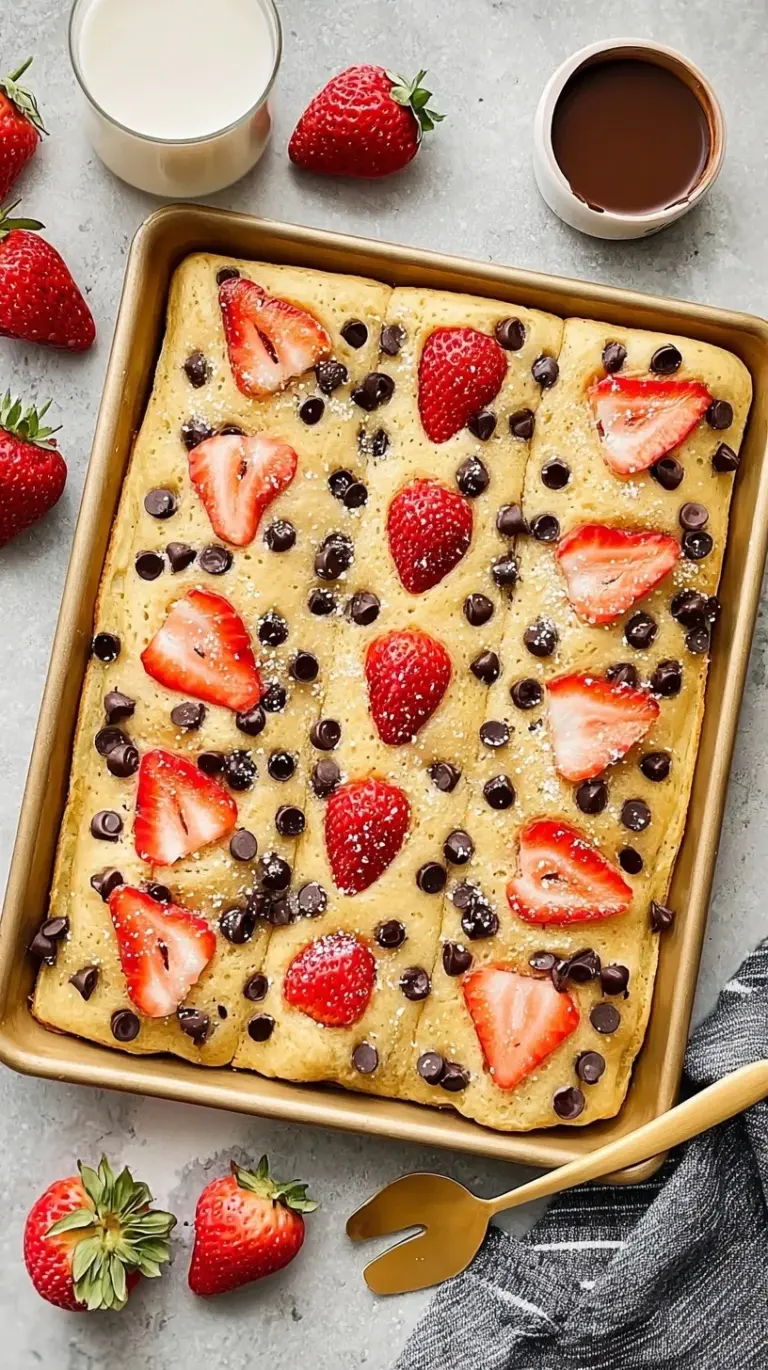 A golden brown sheet pan pancake topped with blueberries and chocolate chips, sliced into rectangular portions.