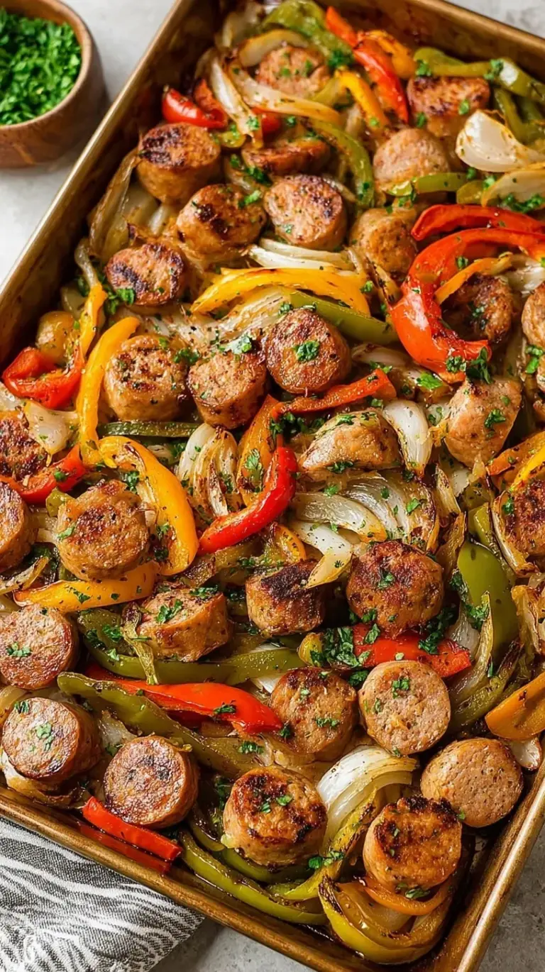 Roasted Italian sausages with colorful red and green bell peppers and onions on a parchment-lined sheet pan.