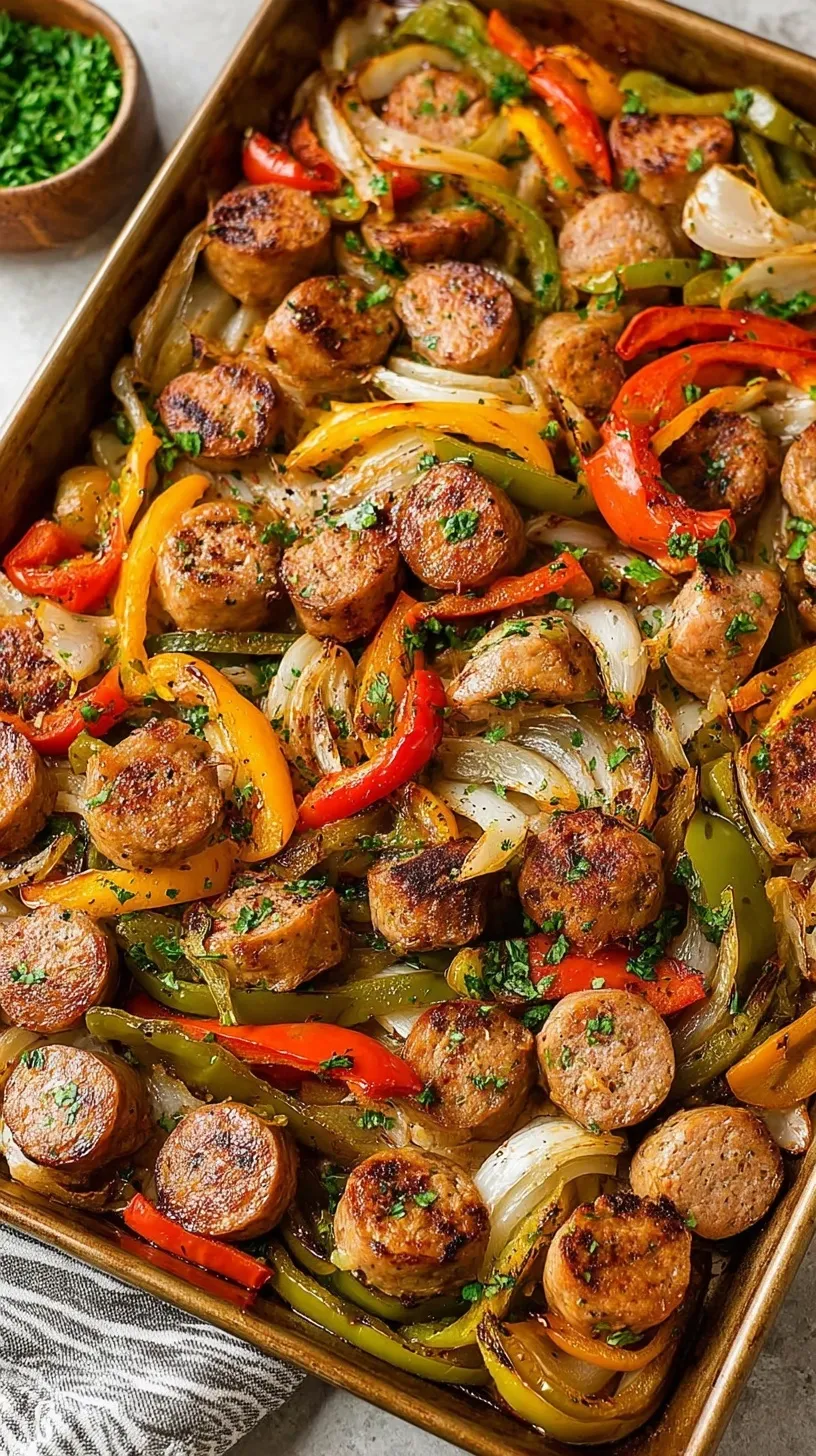 Roasted Italian sausages with colorful red and green bell peppers and onions on a parchment-lined sheet pan.