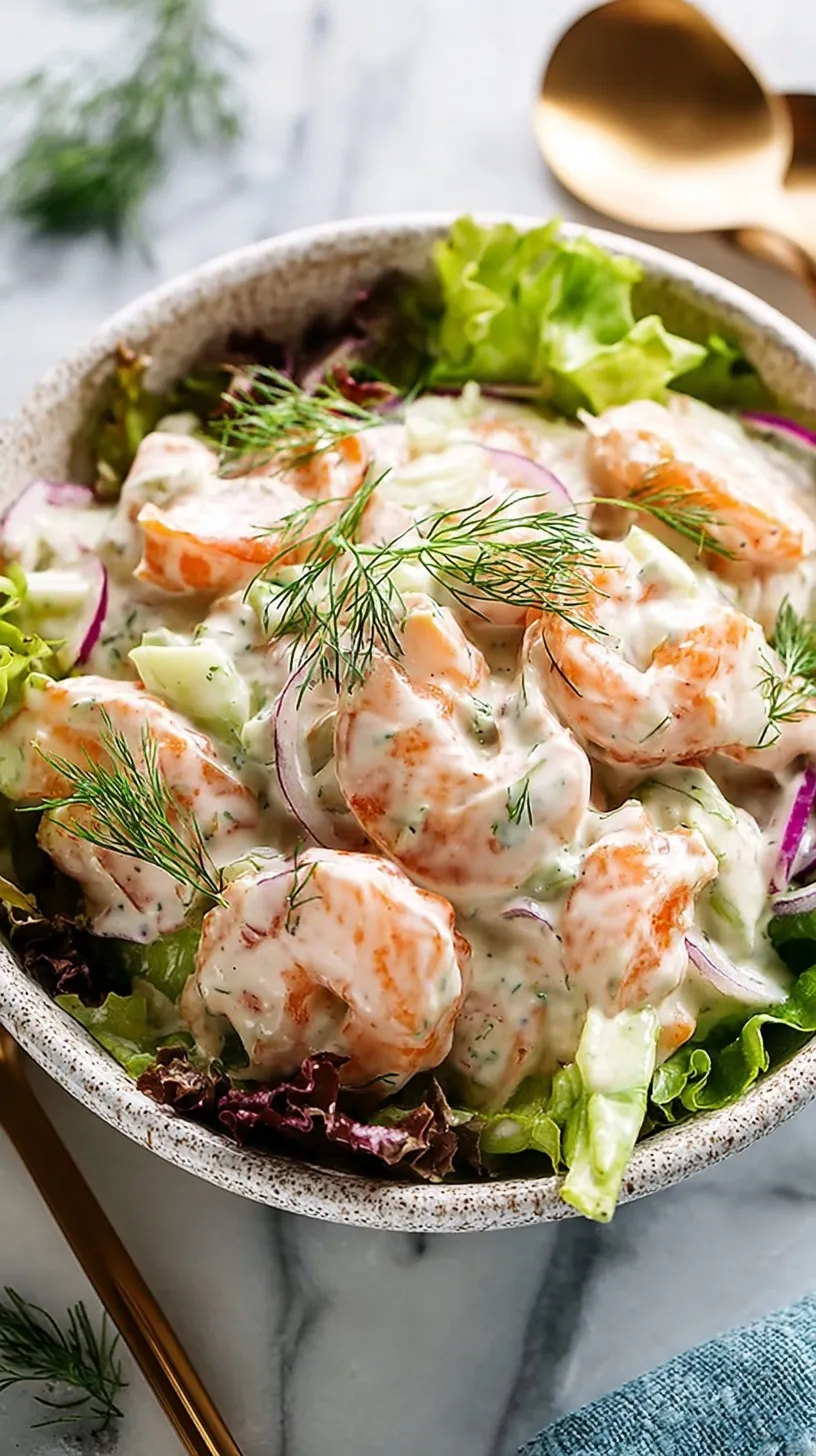A bowl of creamy Classic Shrimp Salad with fresh dill and lemon wedges