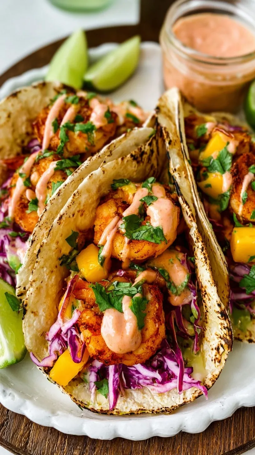 A plate of three shrimp tacos topped with colorful mango cabbage slaw and fresh cilantro.
