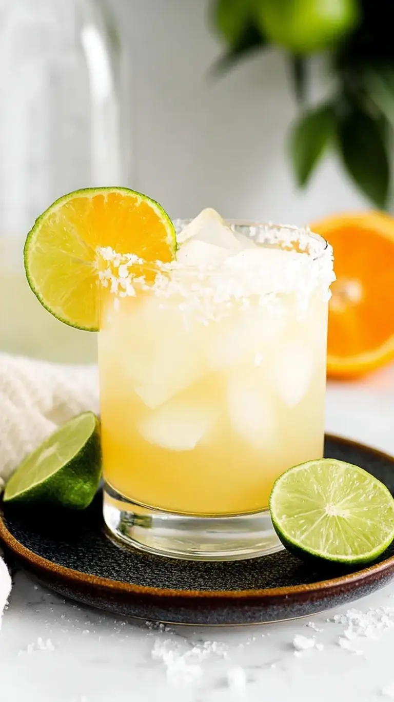 A refreshing skinny margarita in a salt-rimmed glass with a lime wedge garnish.