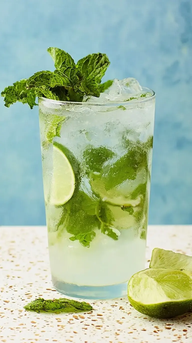 A refreshing skinny mojito in a highball glass with fresh mint leaves and lime wedges on a sunny patio