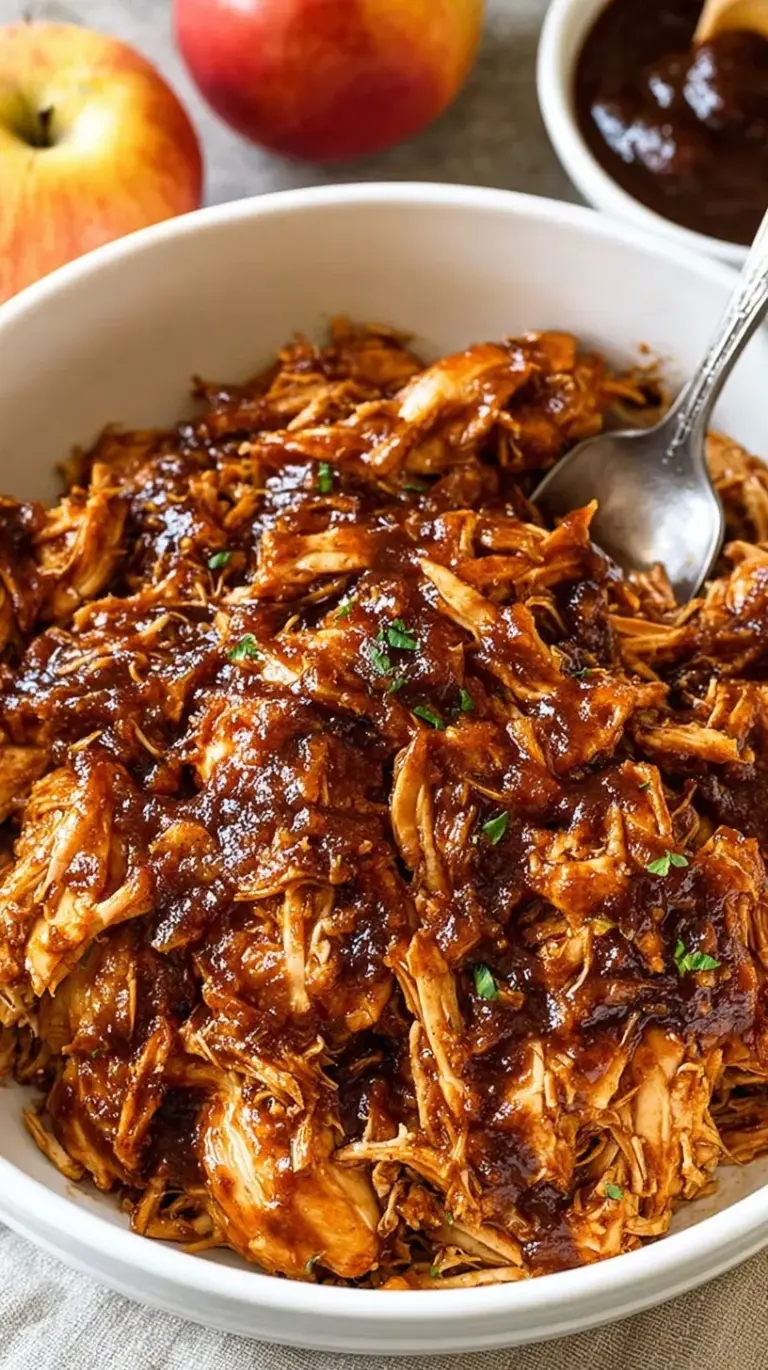 Shredded Slow Cooker Apple BBQ Chicken served in a bowl with diced apples and a glossy sauce.