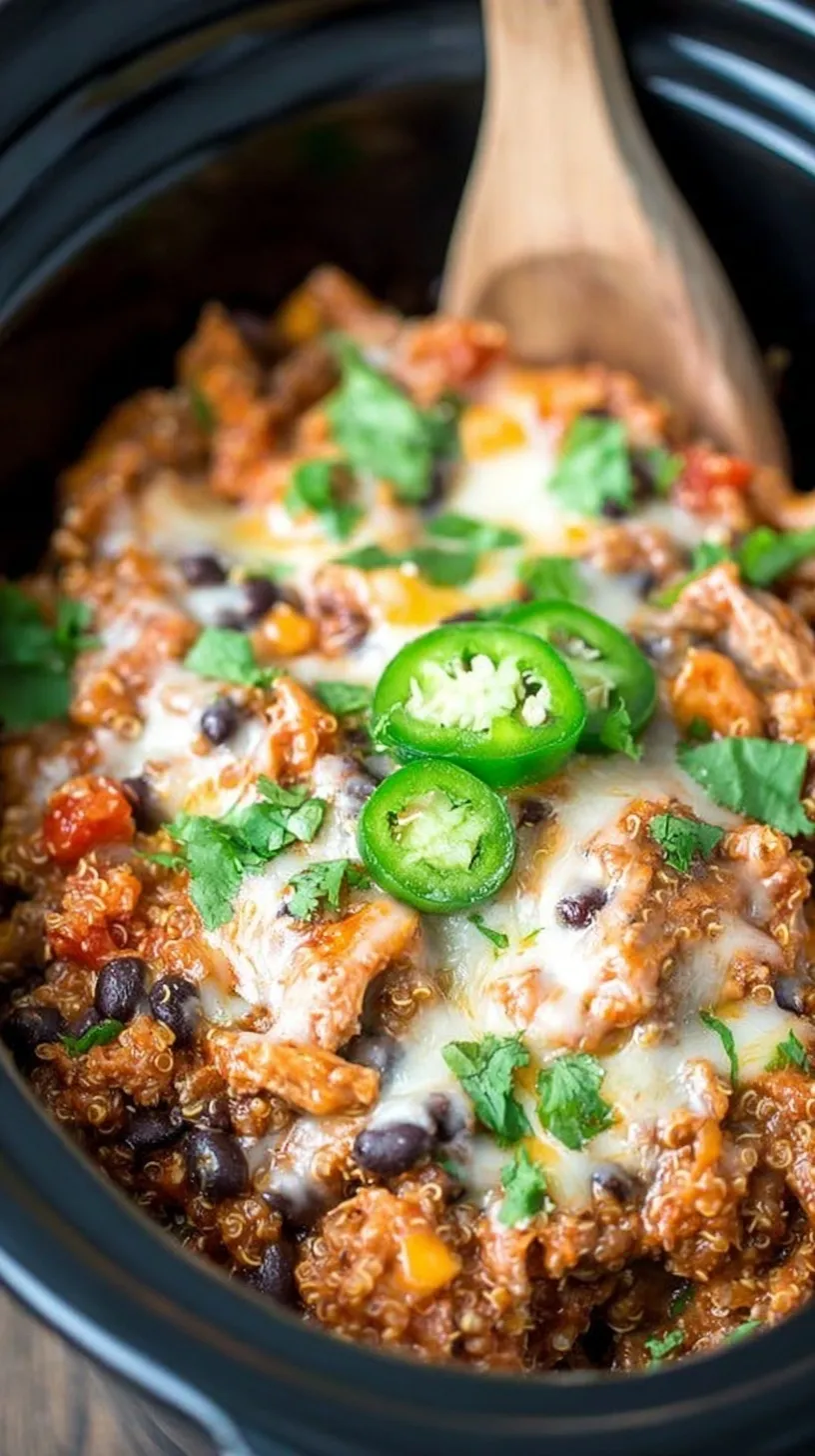 A colorful slow cooker filled with cheesy Mexican quinoa, black beans, and corn topped with fresh cilantro.