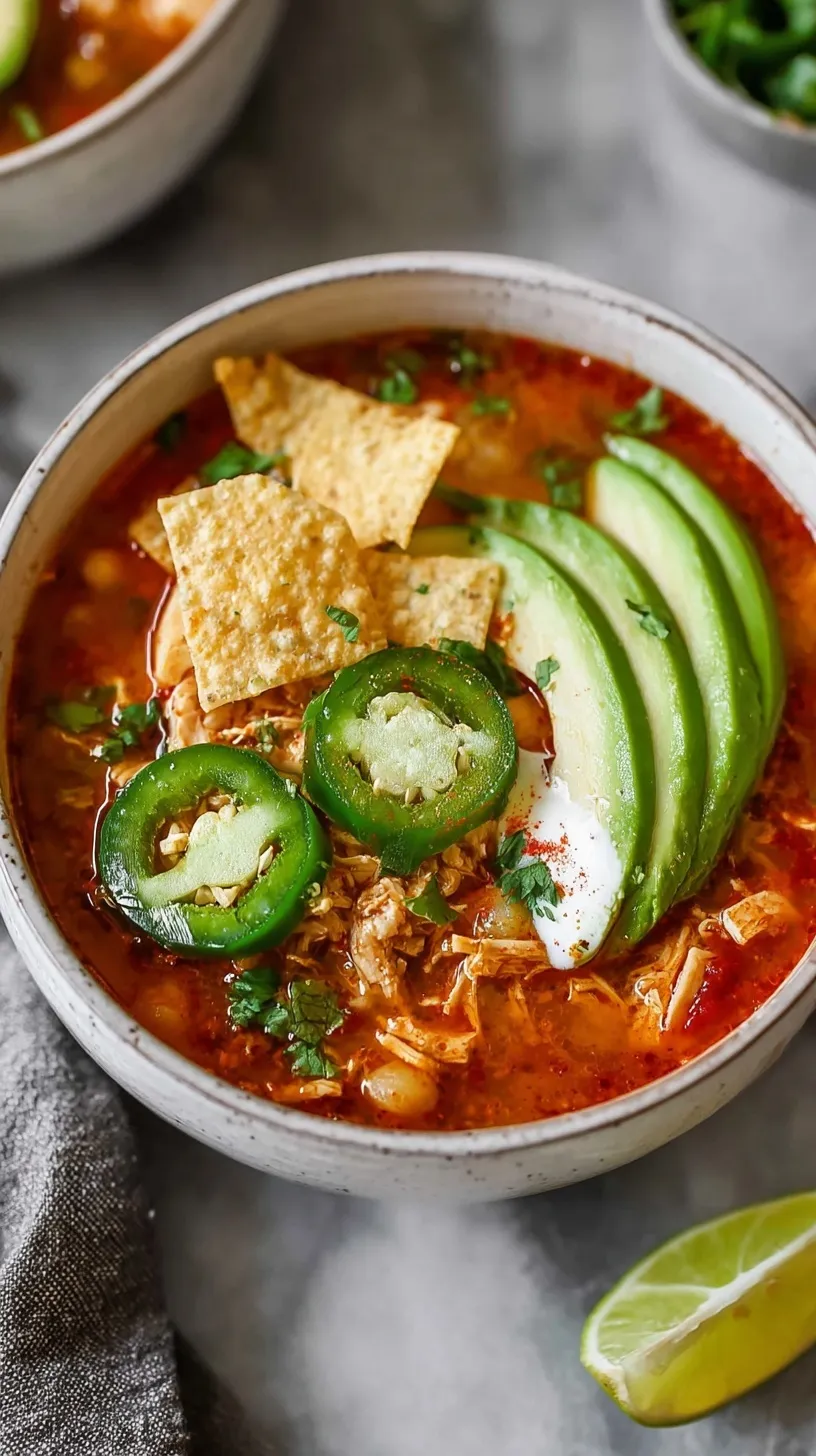 A bowl of colorful chicken fajita soup topped with avocado and fresh cilantro