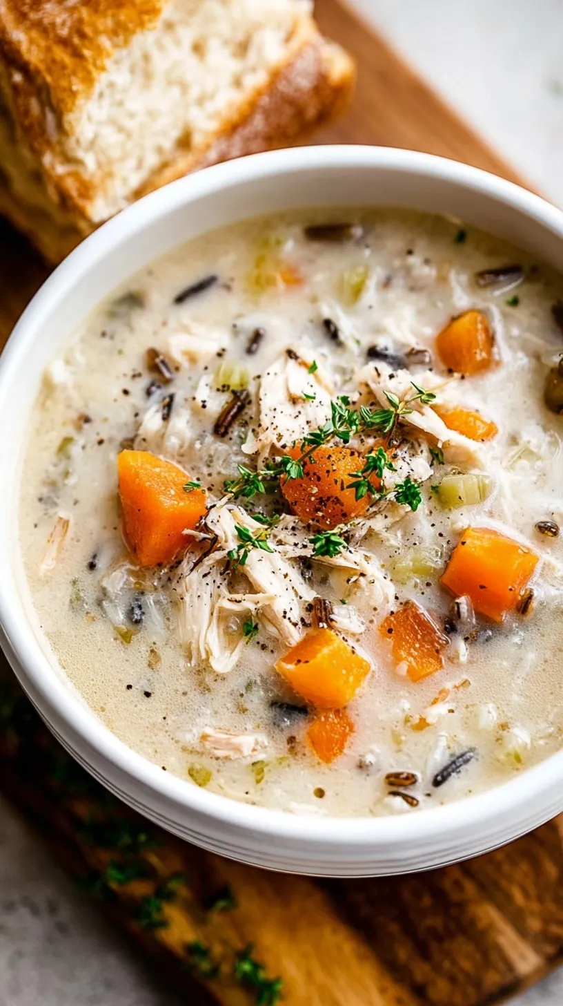 A steaming bowl of creamy chicken wild rice soup with fresh spinach and carrots