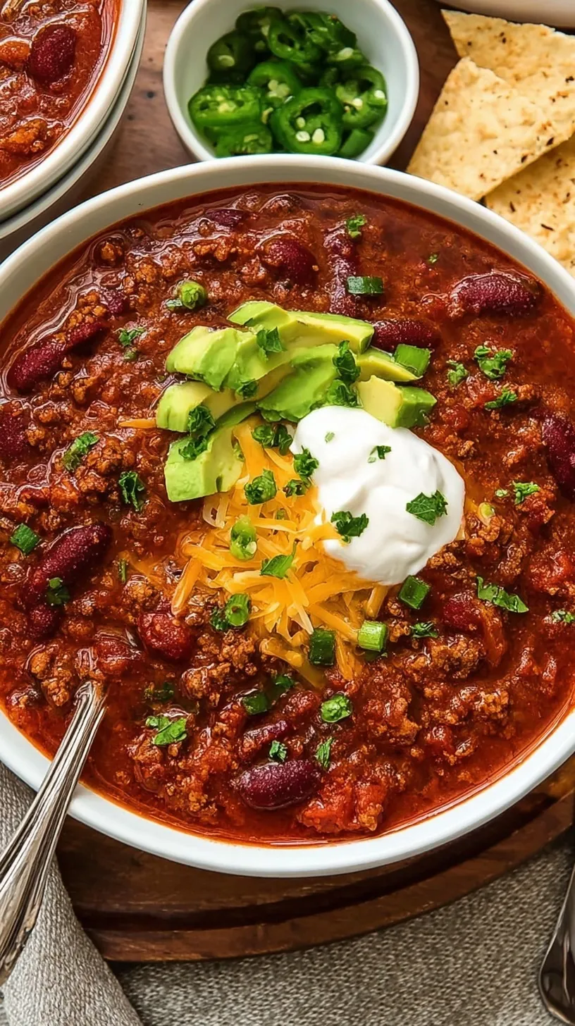 A steaming bowl of slow cooker beef chili topped with melted cheese and fresh onions.