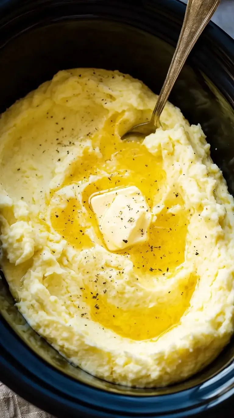 A close up of creamy slow cooker mashed potatoes topped with melted butter and fresh herbs.